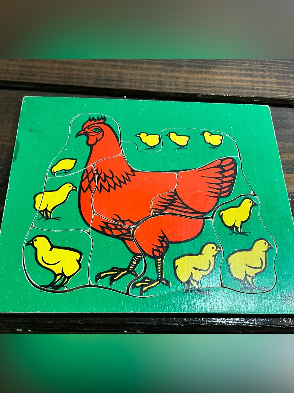 Vintage Galt Toys Wooden Puzzle Red Hen and Yellow Chicks MCM